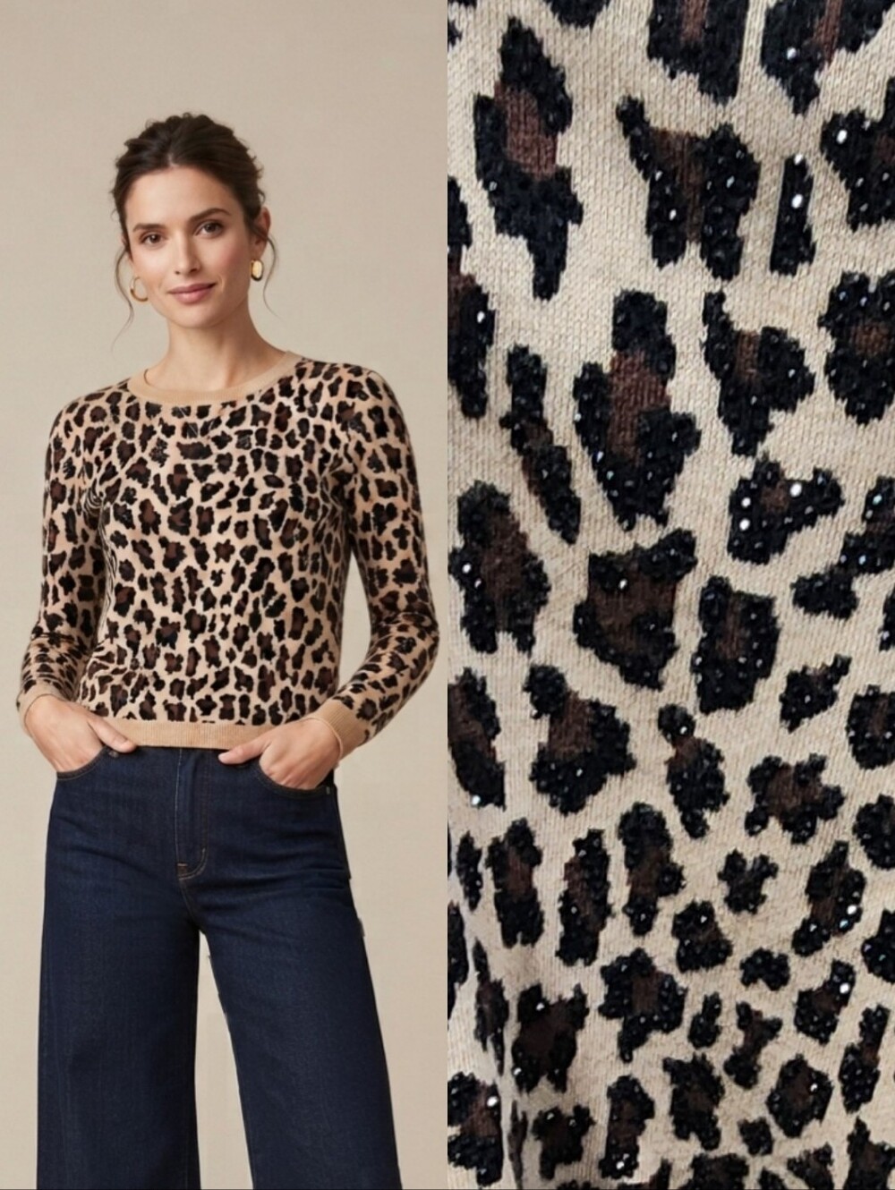 Alice + Olivia Wool Leopard Print Crewneck Sweater Rhinestone Sequins Sz L Prep